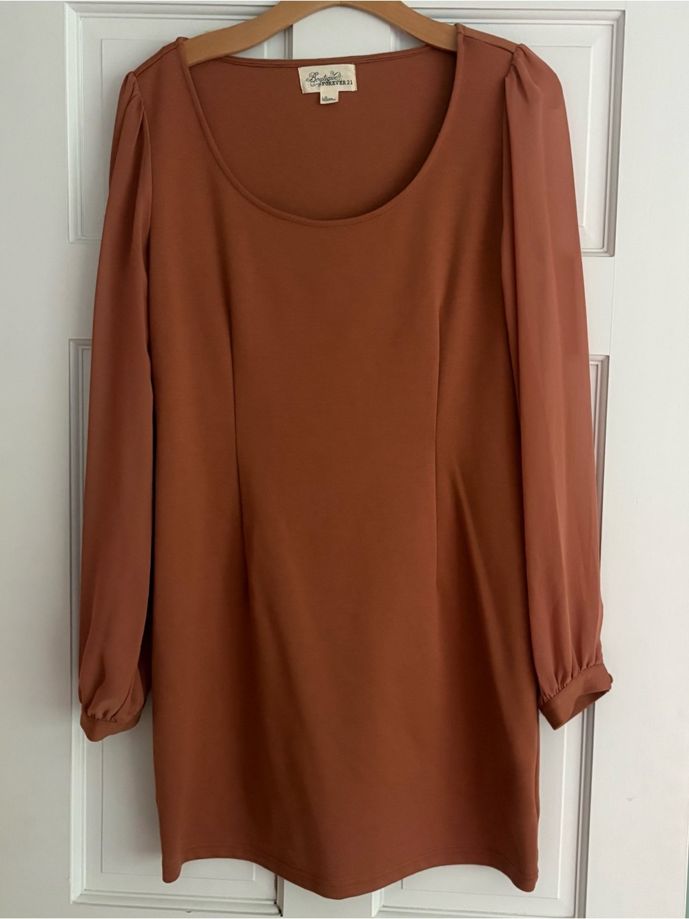 Forever 21 Long Sleeve Sheer Sleeves Scoop Neck Dress Rusty Apricot Large